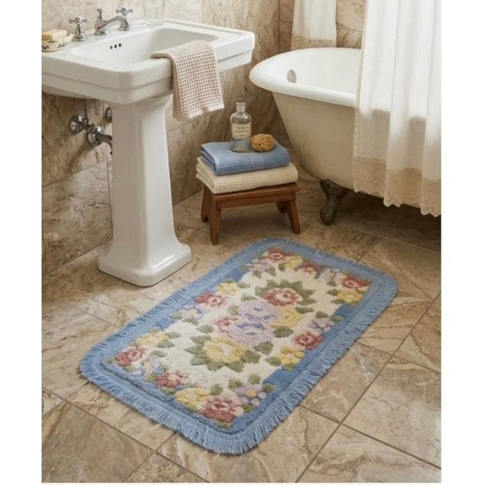 Vintage Floral Bath Rug Blue Fringe Shabby Chic Cottagecore Rose Bath Mat 32x19